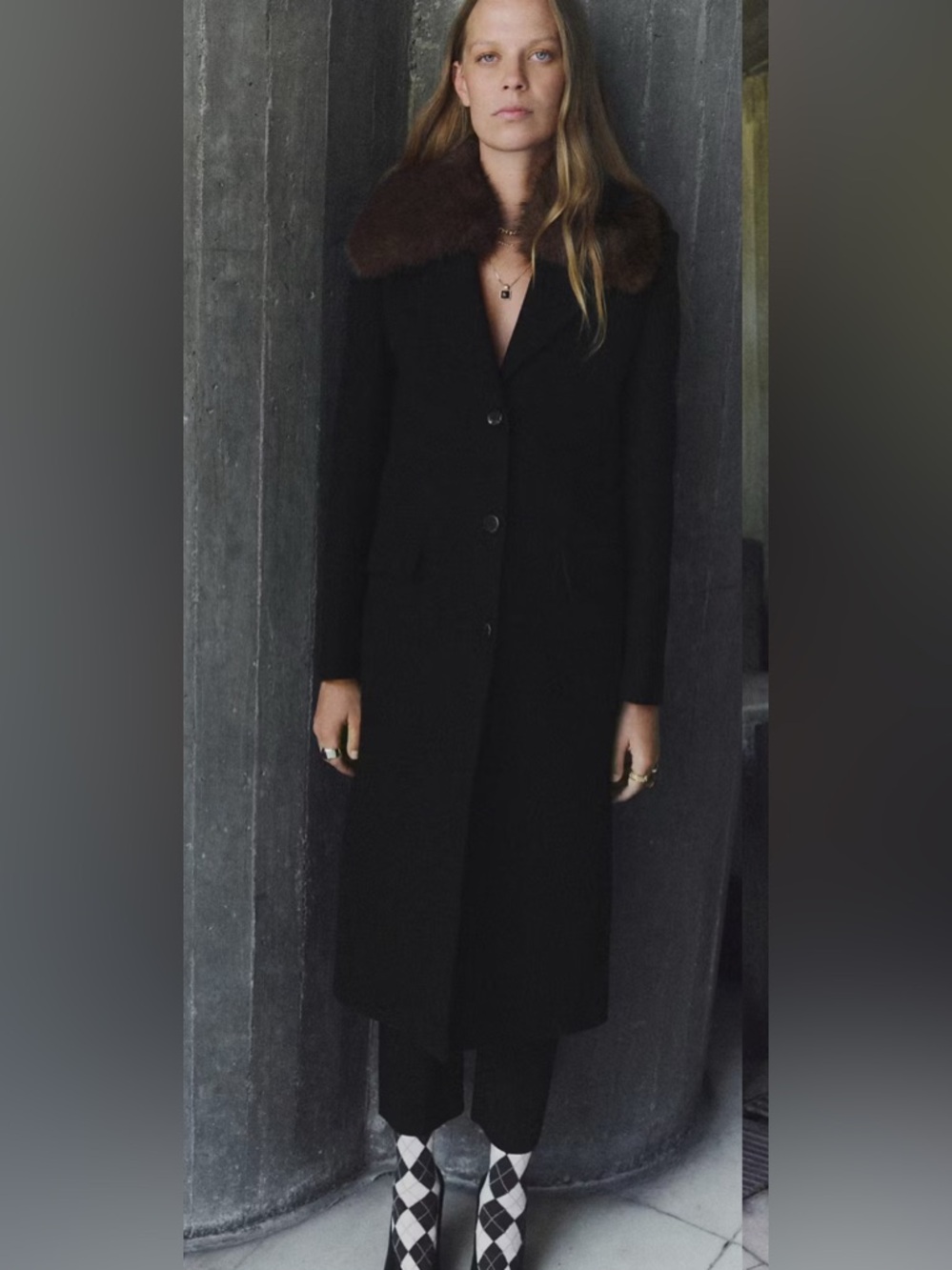 MANGO Black Wool Coat with Brown Fur Collar - Picture 3 of 11